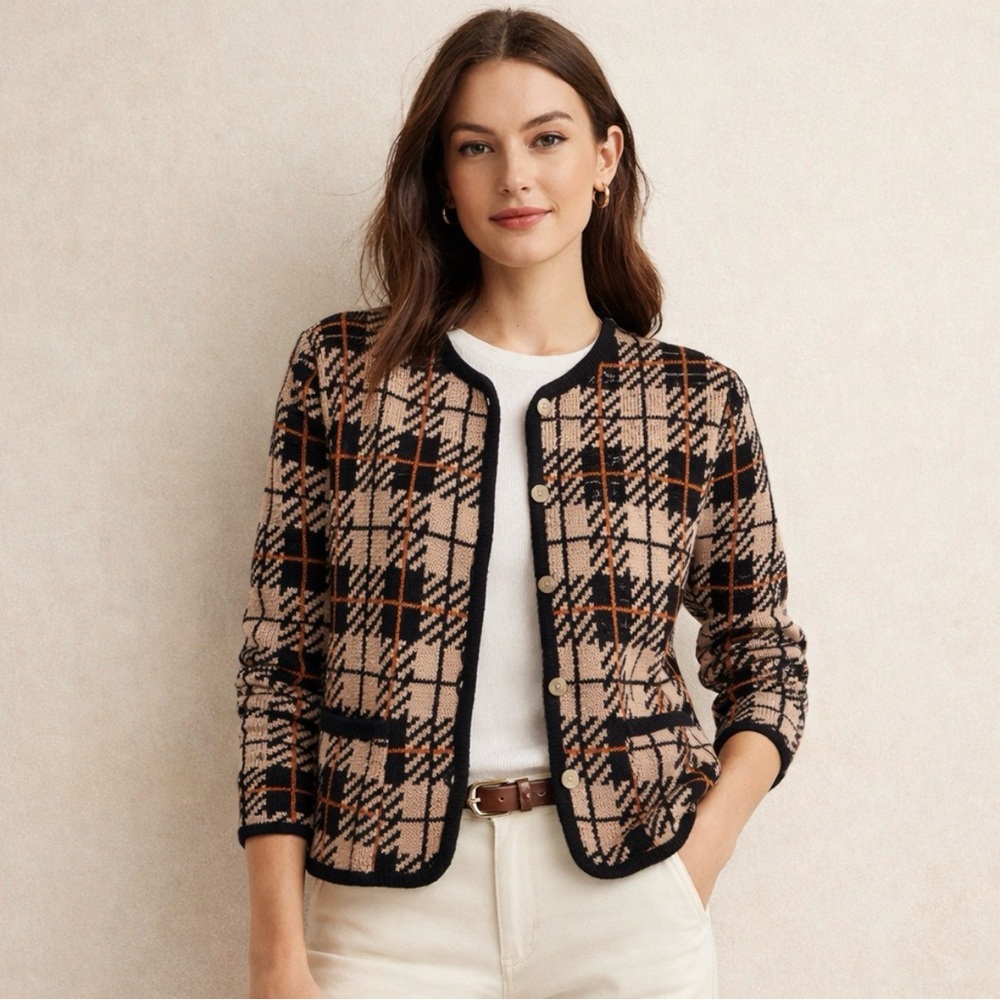 Vintage Tally-Ho Plaid Cardigan Sweater‎ Tan Black Small Preppy Academia